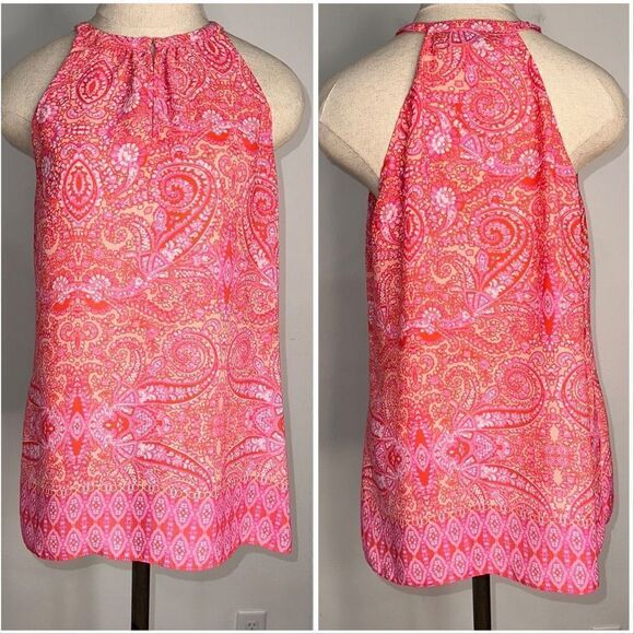 Cynthia Rowley Hot Pink Boho Paisley Y2K Halter Neck Chiffon Tank Top Womens M - Picture 1 of 9